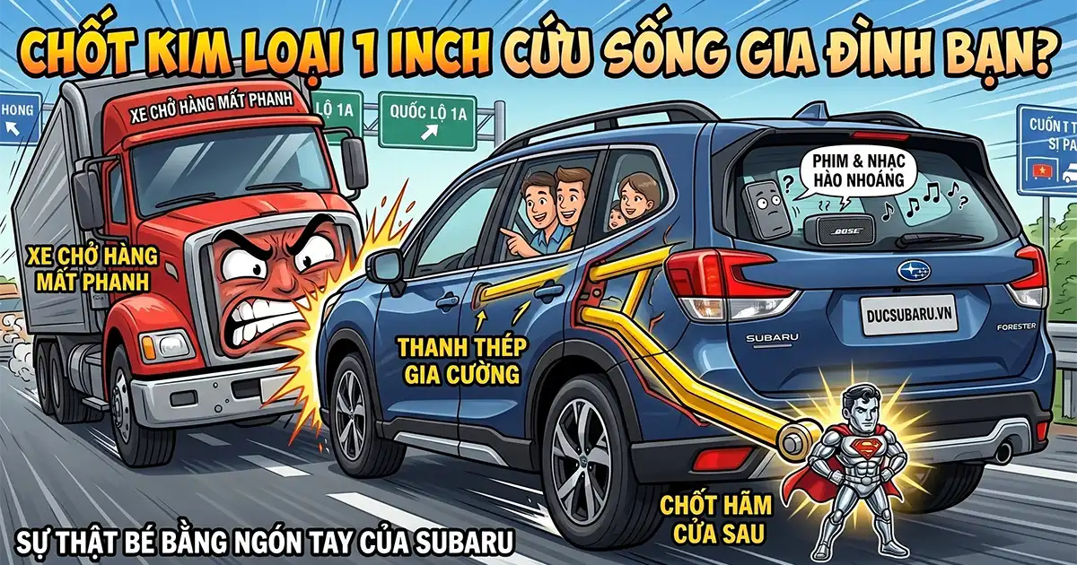Minh họa hoạt hình về một chiếc xe tải đỏ 'mất phanh' va chạm trực diện với một xe SUV Subaru Forester xanh lam trên Quốc lộ 1A. Một gia đình bên trong xe SUV đang kinh hãi. Phần cutaway của Subaru để lộ cấu trúc 'Thanh thép gia cường' và một siêu anh hùng nhỏ đại diện cho 'Siêu nhân chốt hãm' đang giữ chặt chốt hãm cửa sau. Hình ảnh nhấn mạnh các tính năng an toàn kỹ thuật ẩn giấu của Subaru so với các tính năng giải trí superficial. Văn bản lớn trên cùng hỏi: 'Chốt kim loại 1 inch cứu sống gia đình bạn?'. Văn bản dưới cùng ghi: 'Sự thật bé bằng ngón tay của Subaru'.